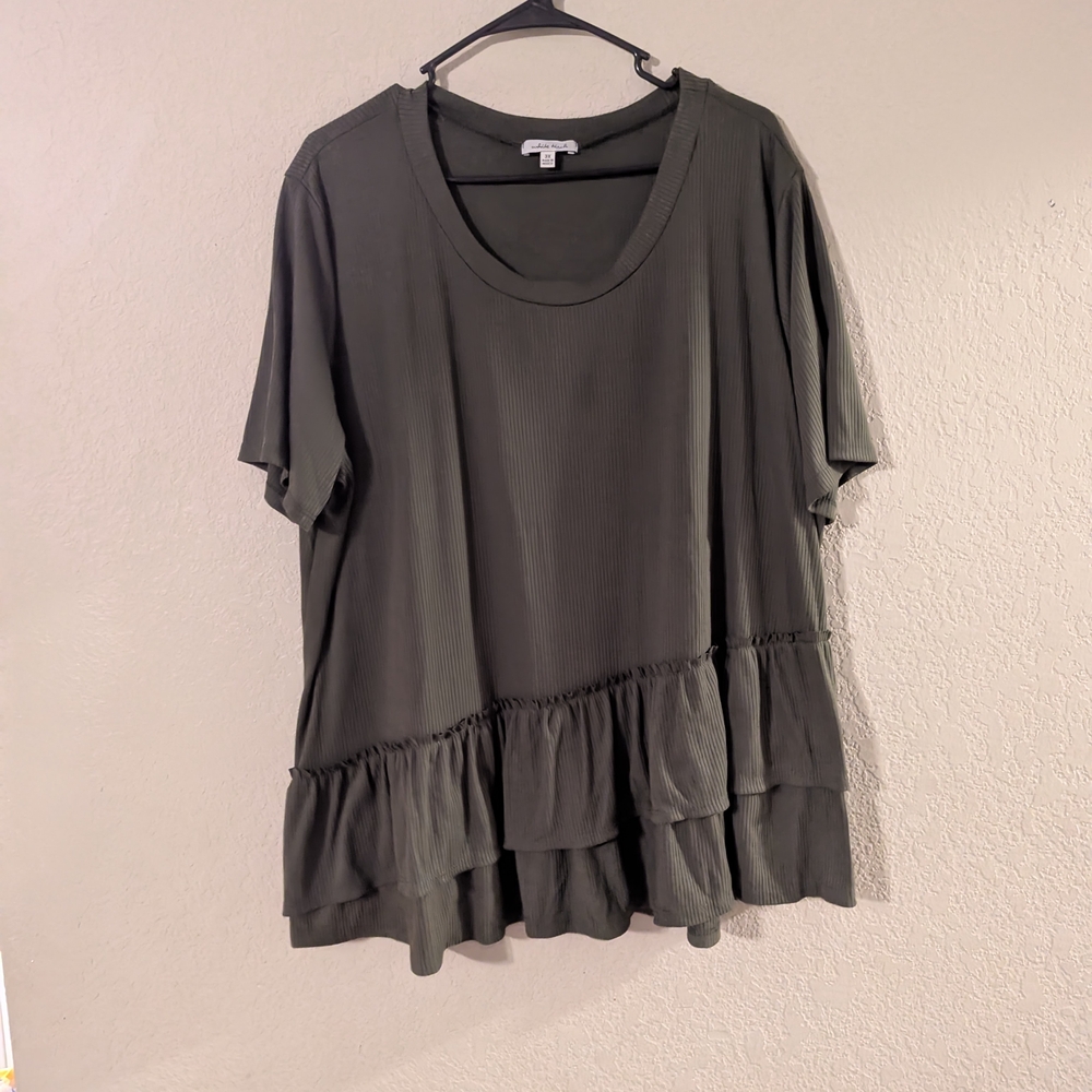 White Birch Olive Ruffle Hem Top